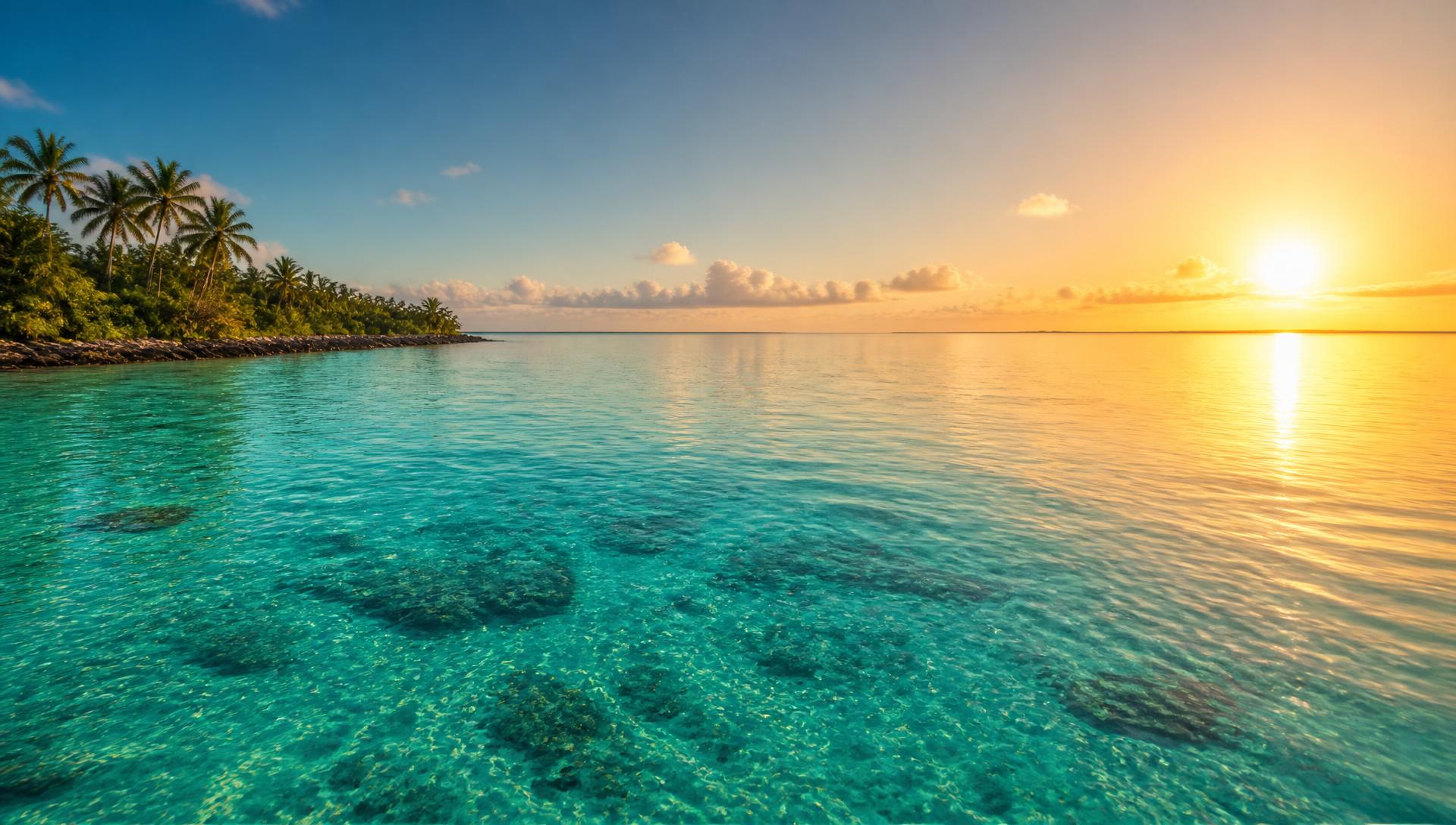 A calm turquoise lagoon at golden hour with an open horizon