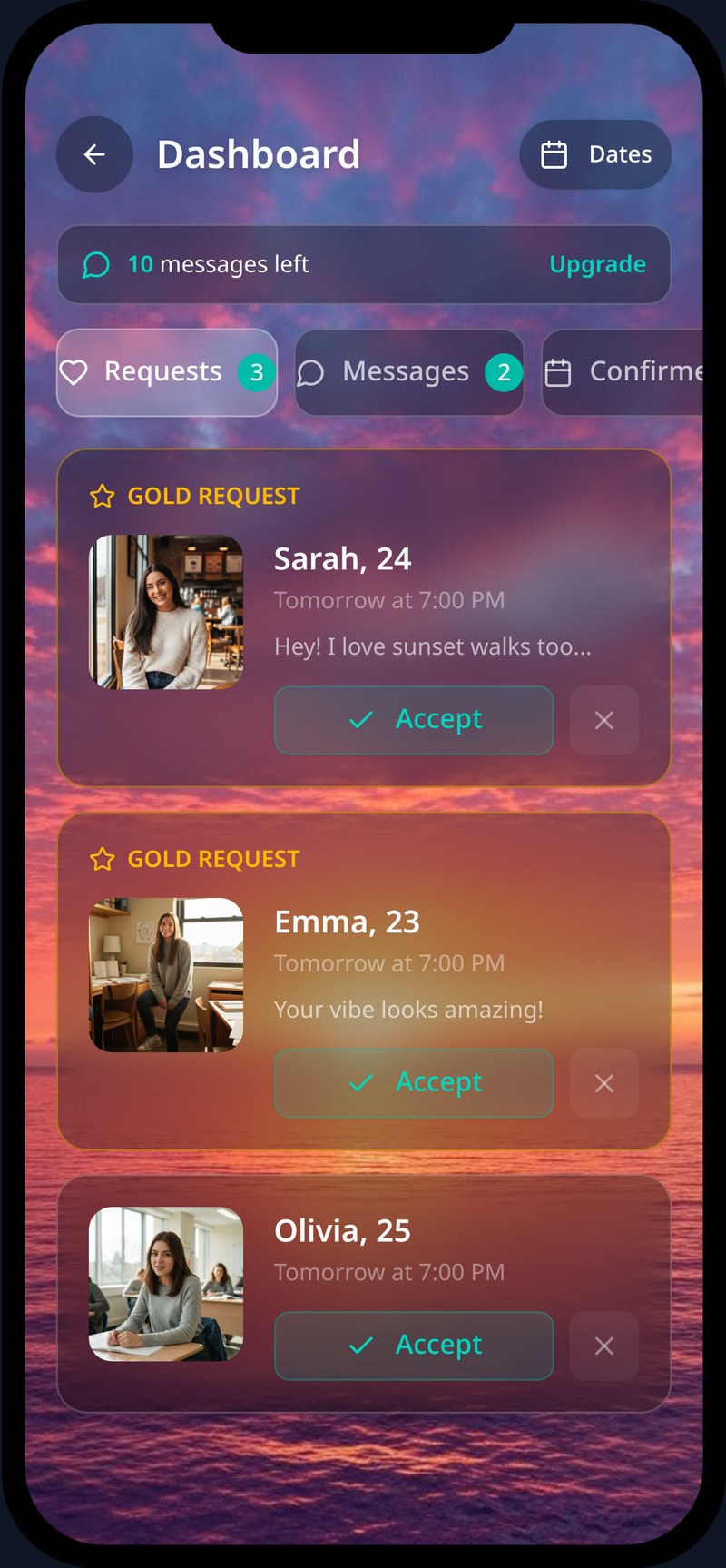 Fuze setter dashboard with incoming requests and messages