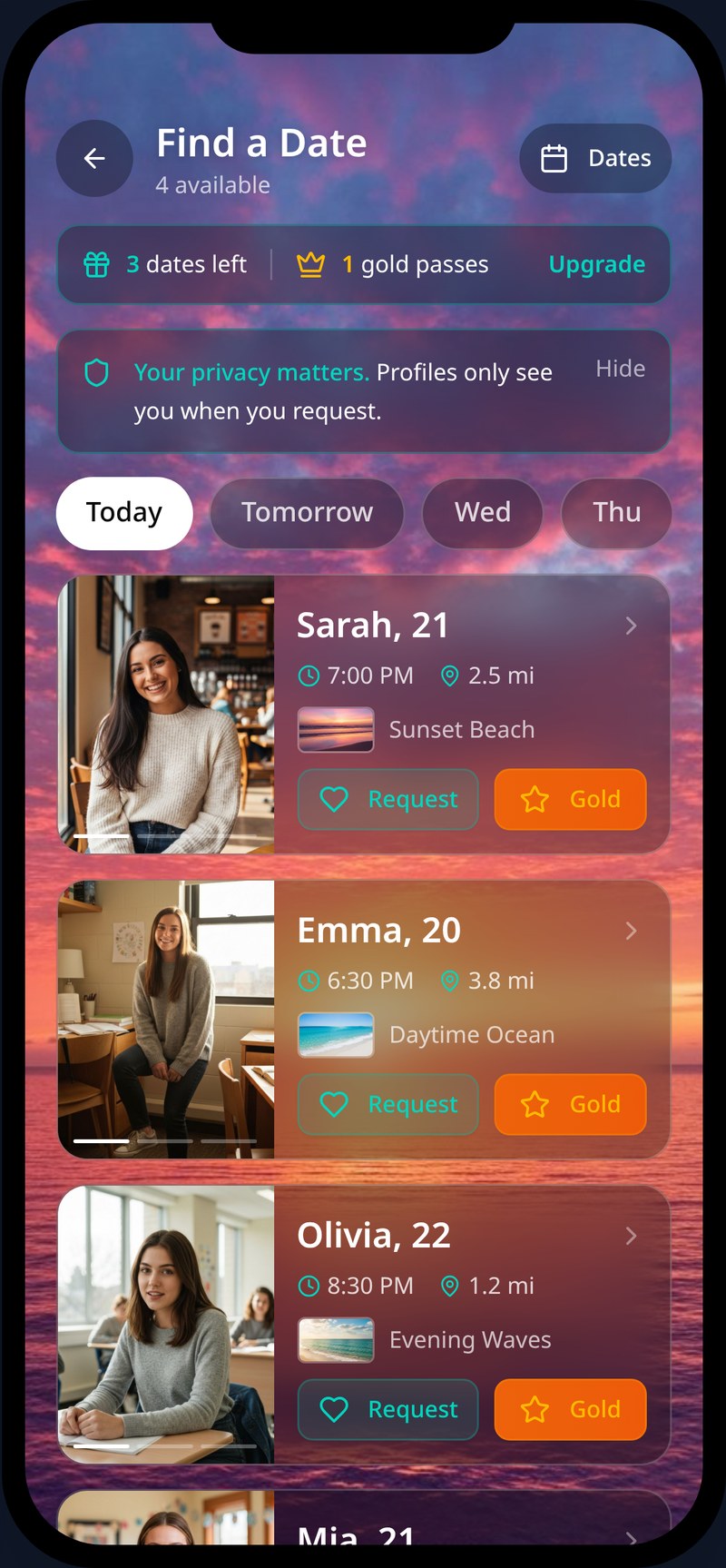 Fuze time seeker screen listing people available tonight