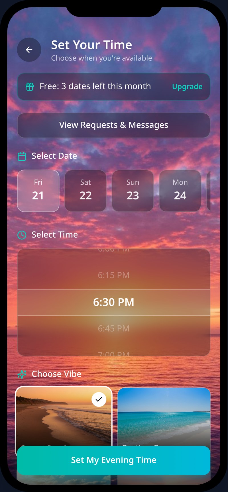 Fuze time setter screen with date, time and vibe selection