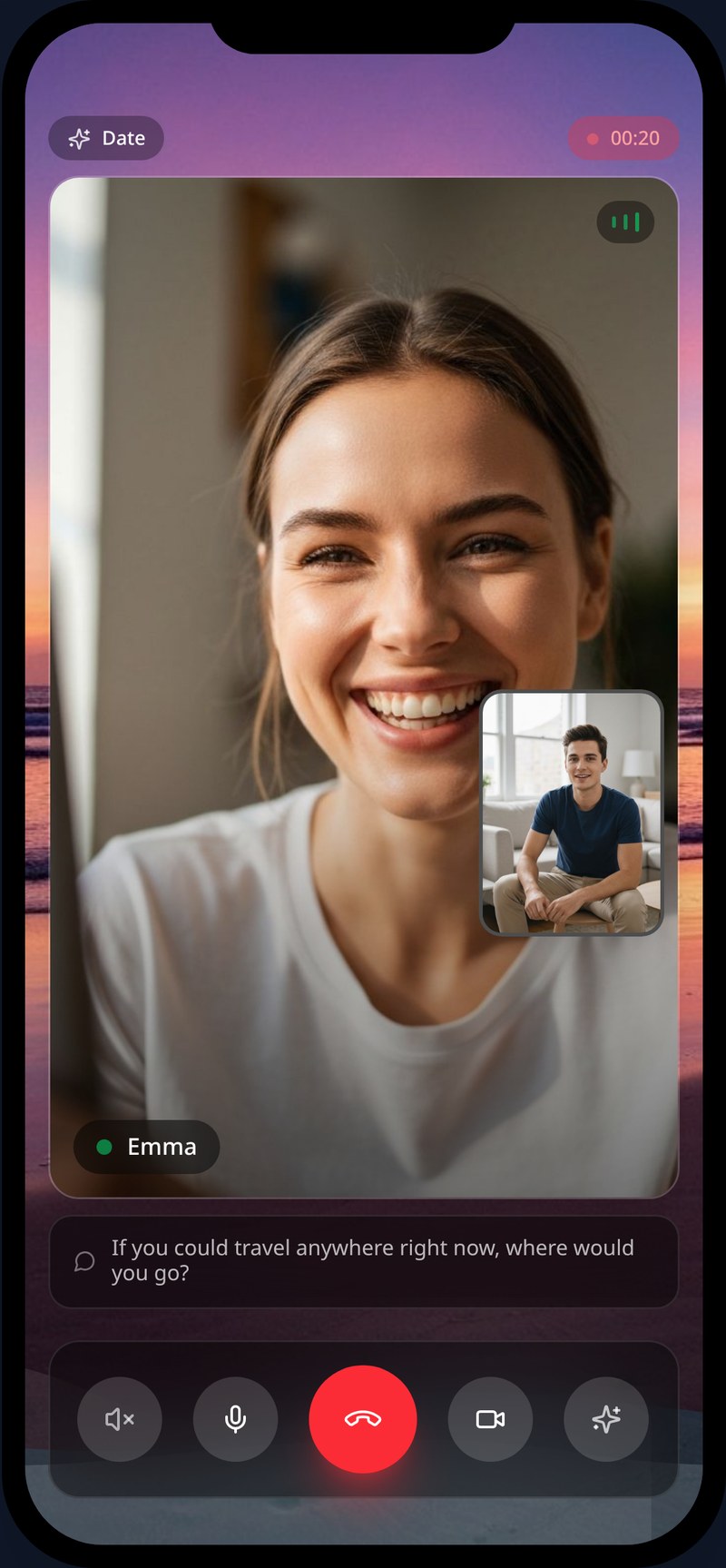 A Fuze virtual date with a live sunset backdrop and a rotating prompt